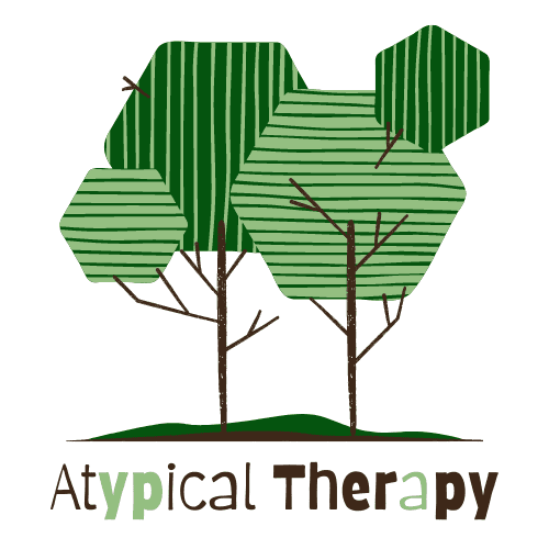 Atypical Therapy Logo, Hexagon trees above wording.